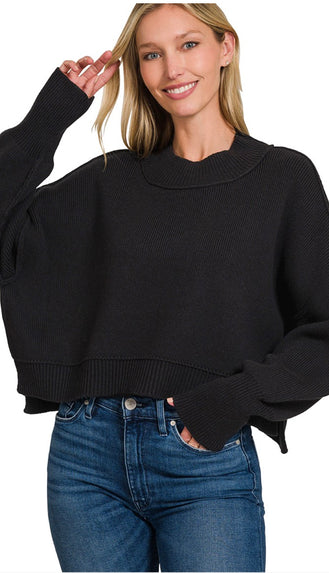 Grace Side Slit Oversized Crop Sweater- Dark Green