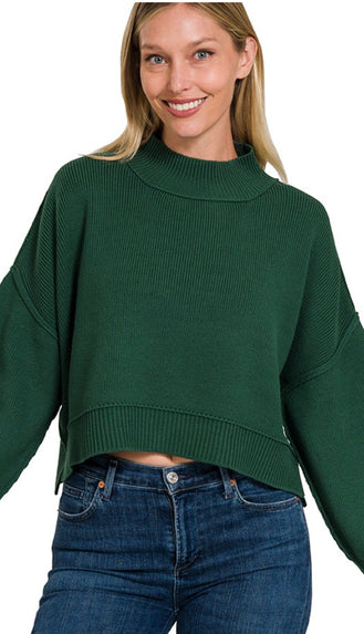 Grace Side Slit Oversized Crop Sweater- Dark Green