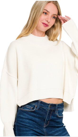 Grace Side Slit Oversized Crop Sweater- Ivory