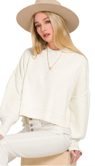 Grace Side Slit Oversized Crop Sweater- Ivory