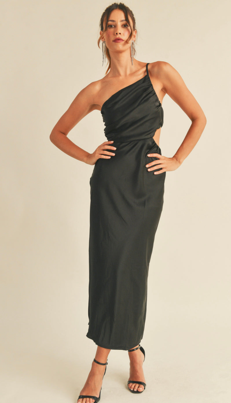 Gigi Satin One Shoulder Midi Dress- Black