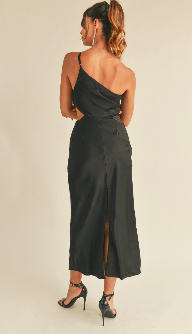 Gigi Satin One Shoulder Midi Dress- Black