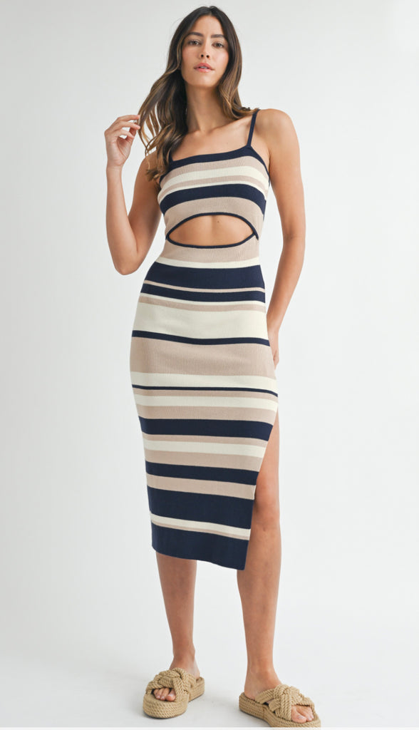 Delaney Stripe Cut Out Front Dress- Navy/Tan