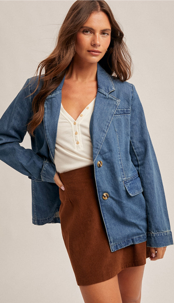 Denim Blazer Jacket- Washed Medium Denim