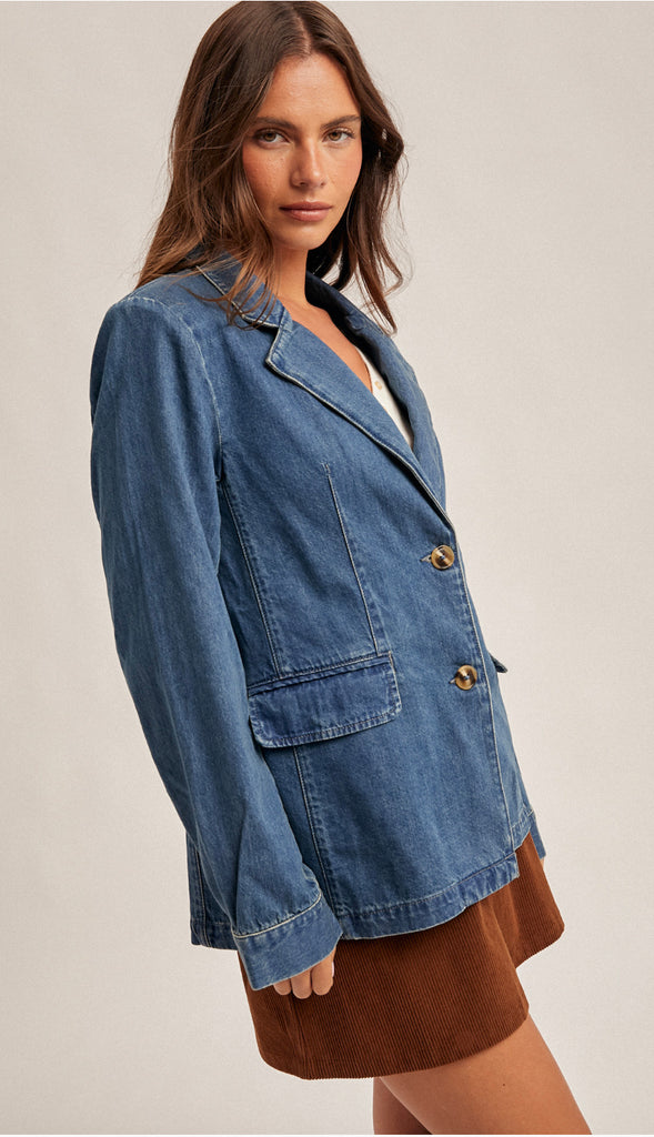 Denim Blazer Jacket- Washed Medium Denim