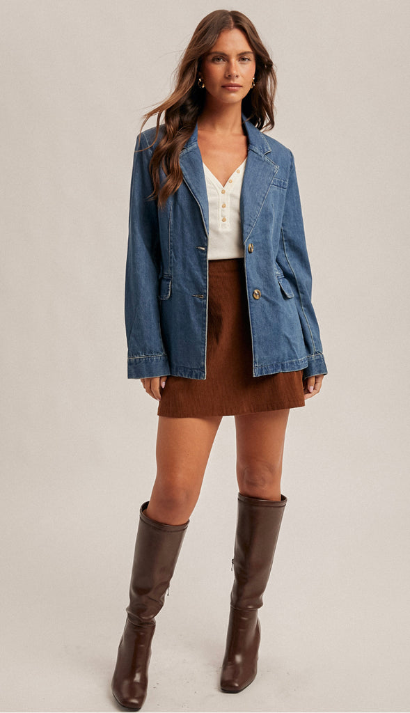 Denim Blazer Jacket- Washed Medium Denim