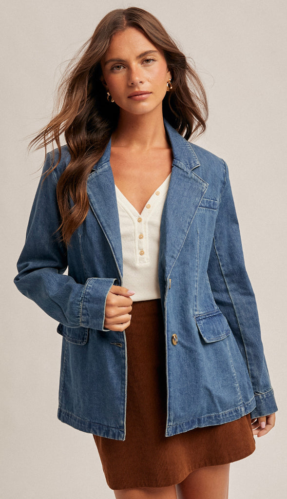 Denim Blazer Jacket- Washed Medium Denim