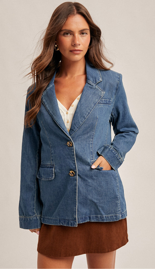 Denim Blazer Jacket- Washed Medium Denim