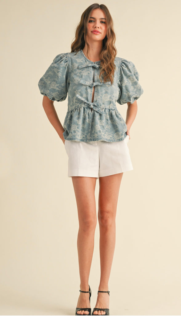Denim Bow Front Blouse- Blue