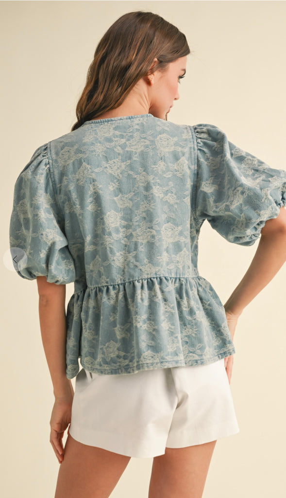 Denim Bow Front Blouse- Blue