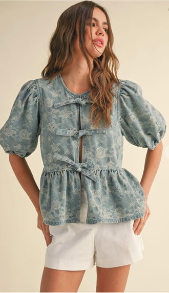 Denim Bow Front Blouse- Blue