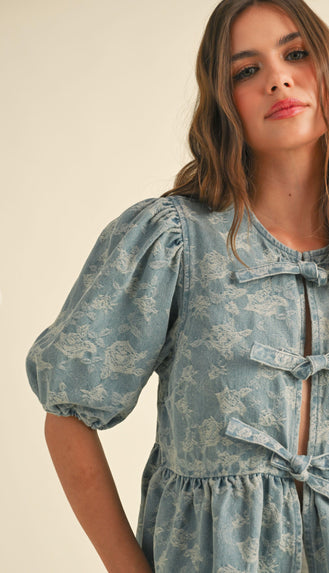 Denim Bow Front Blouse- Blue