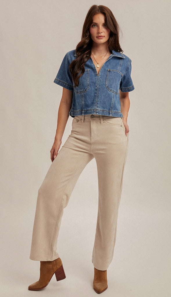 Boxy Collared Denim Crop Top- Medium Wash