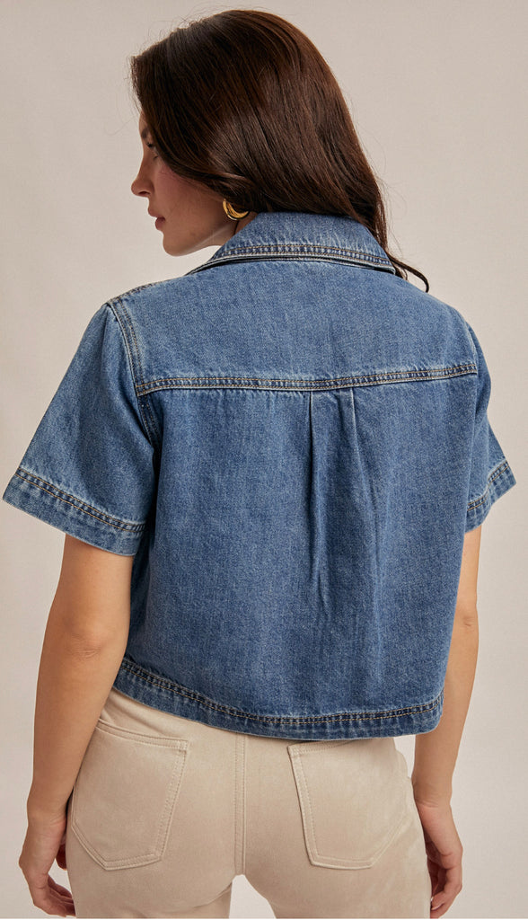 Boxy Collared Denim Crop Top- Medium Wash