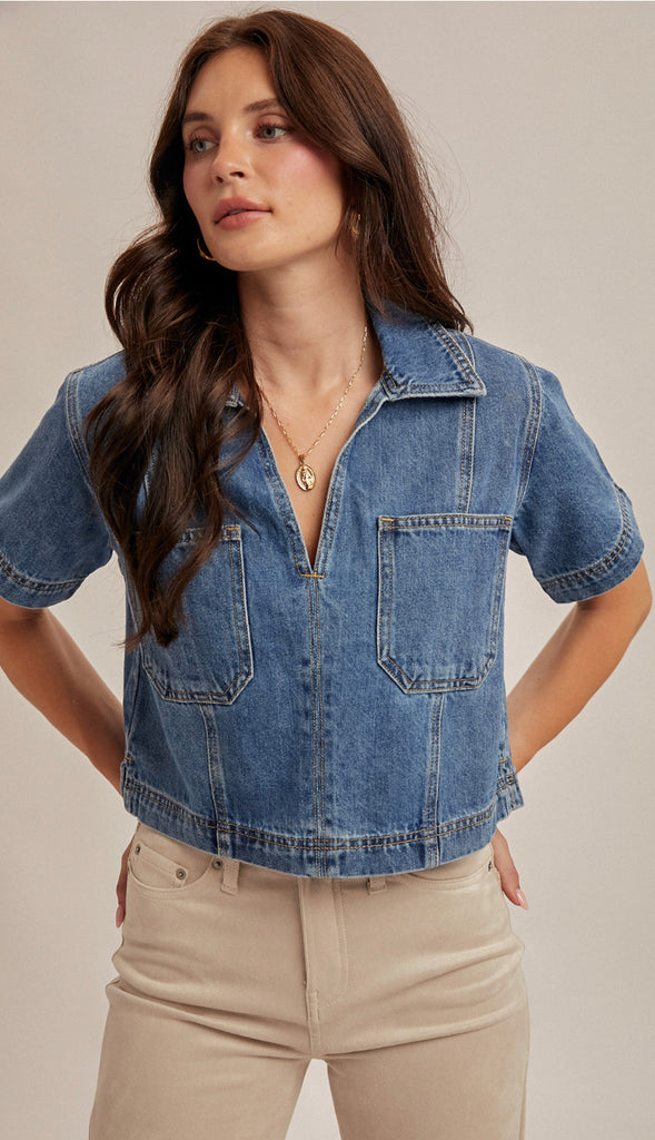 Boxy Collared Denim Crop Top- Medium Wash