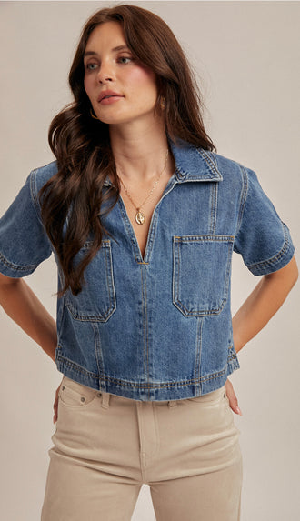 Boxy Collared Denim Crop Top- Medium Wash
