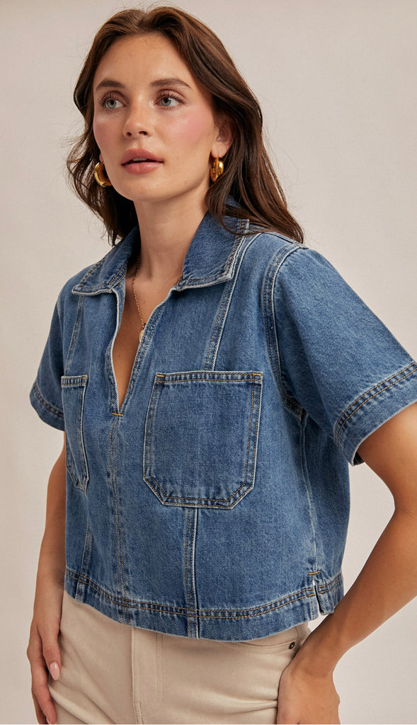 Boxy Collared Denim Crop Top- Medium Wash