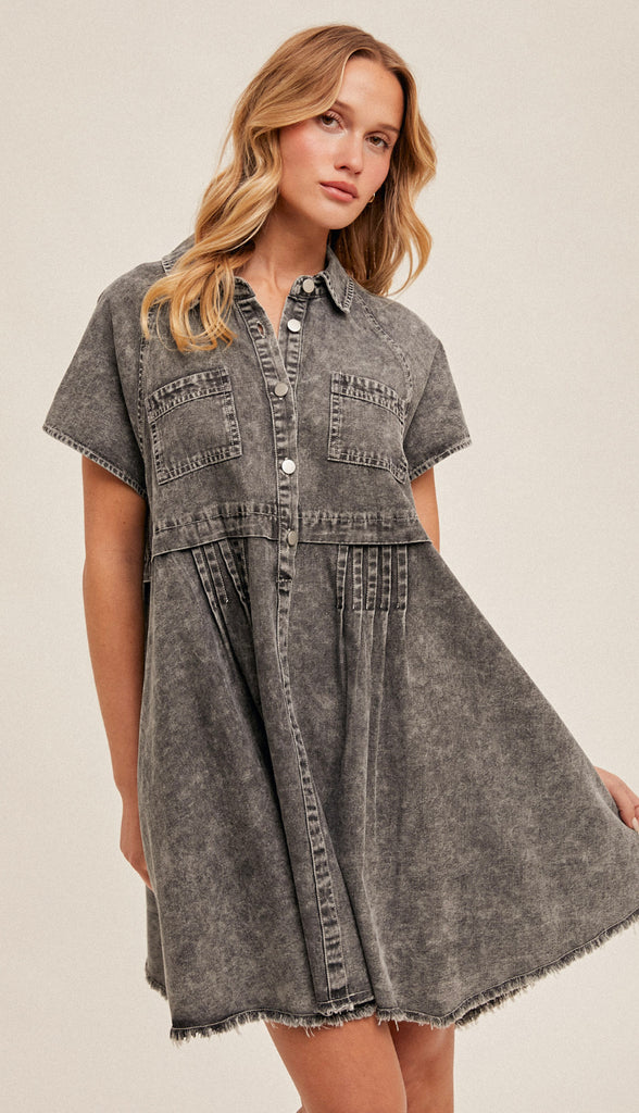 Parker Distressed Washed Denim Dress- Black