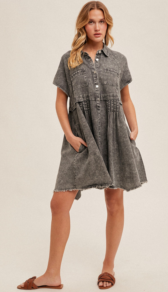 Parker Distressed Washed Denim Dress- Black
