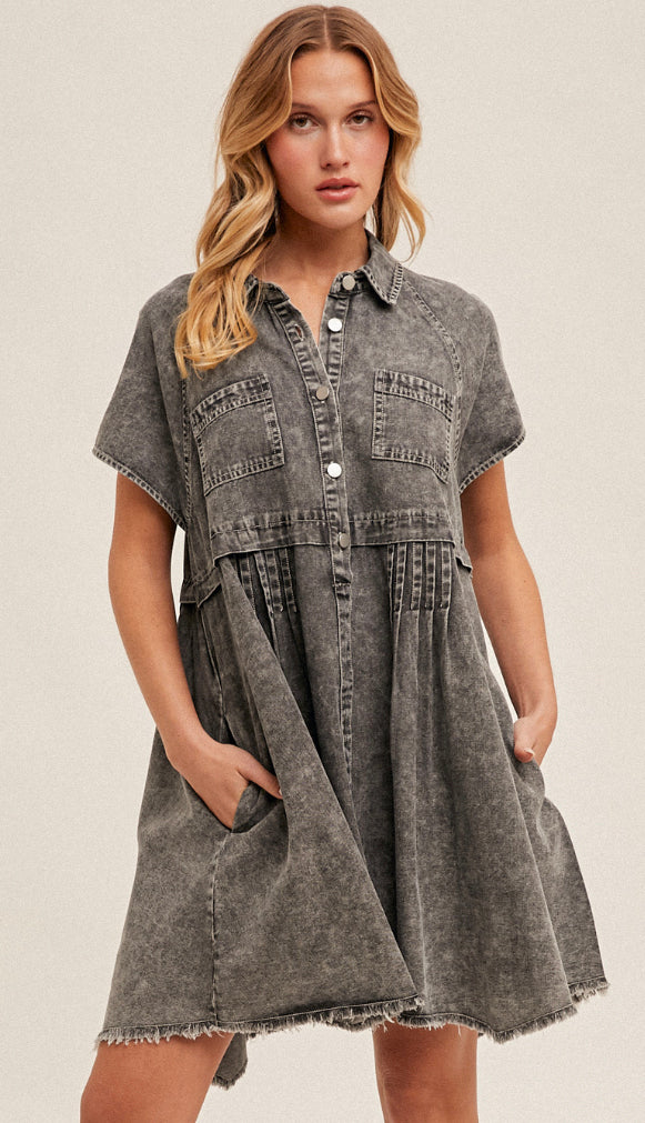 Parker Distressed Washed Denim Dress- Black