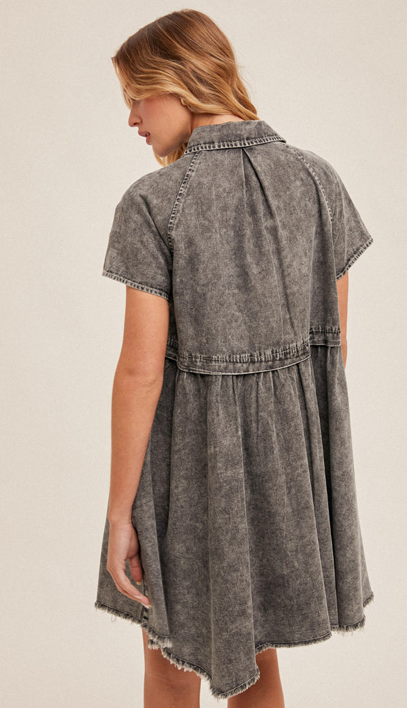 Parker Distressed Washed Denim Dress- Black