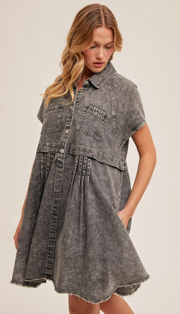 Parker Distressed Washed Denim Dress- Black