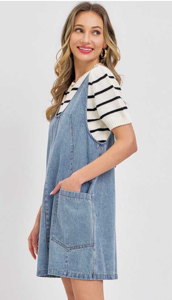 Overall Denim Dress- Light Wash Denim