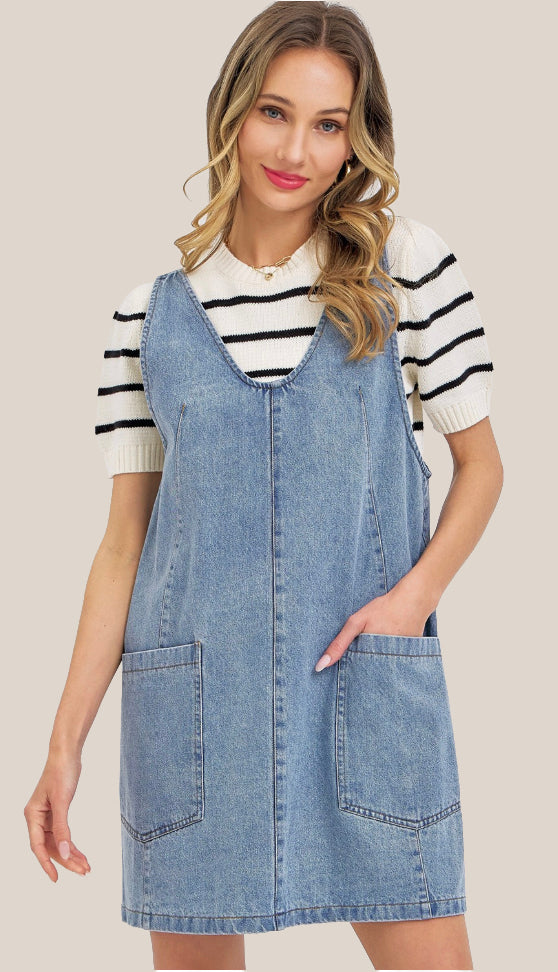 Overall Denim Dress- Light Wash Denim