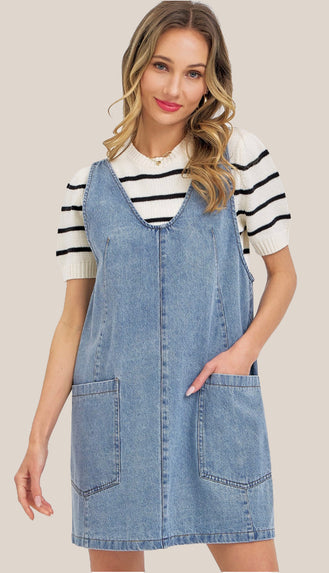Overall Denim Dress- Light Wash Denim
