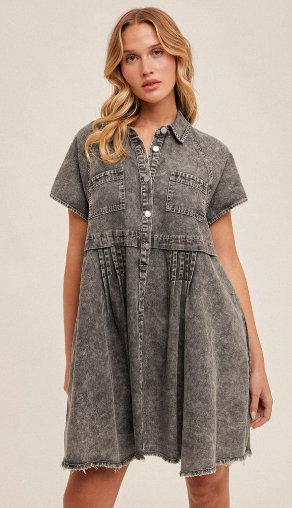 Parker Distressed Washed Denim Dress- Black