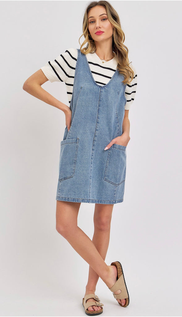 Overall Denim Dress- Light Wash Denim