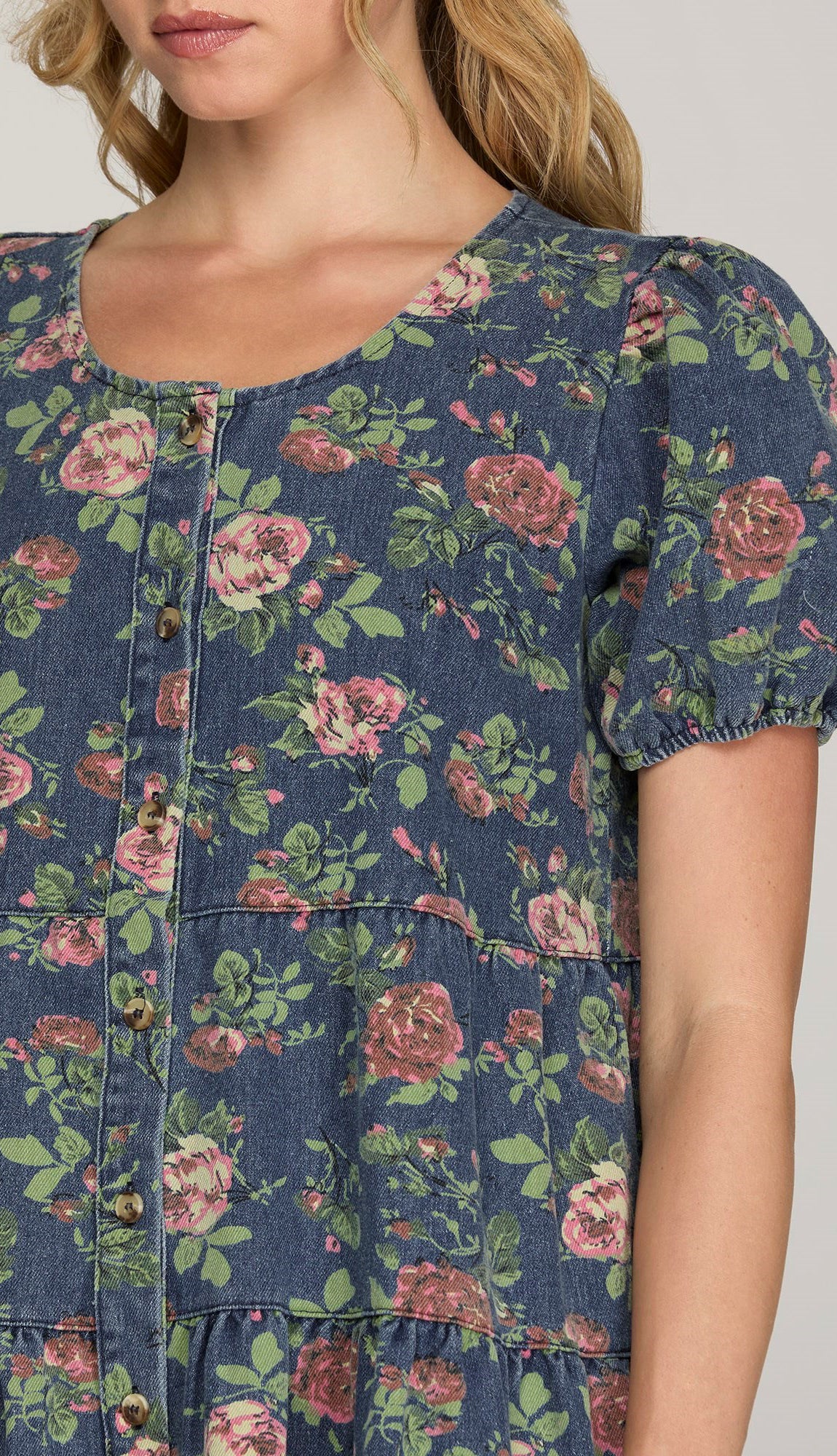 Floral Button Down Floral Denim Dress- Denim Blue Floral Button Down Floral Denim Dress- Denim Blue