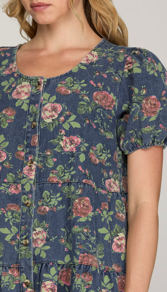 Floral Button Down Floral Denim Dress- Denim Blue