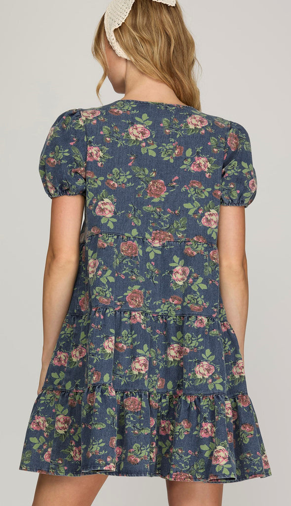 Floral Button Down Floral Denim Dress- Denim Blue