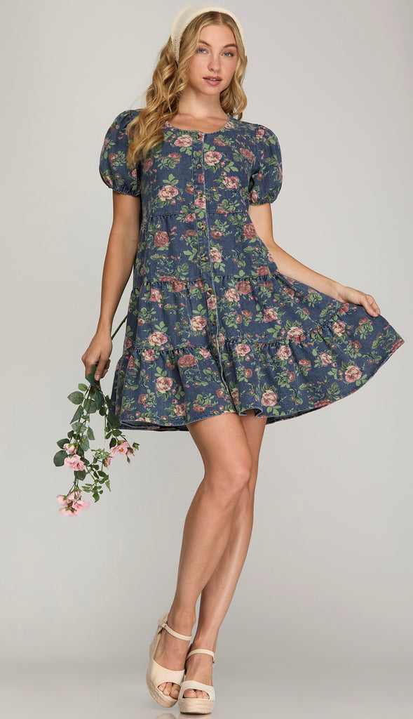 Floral Button Down Floral Denim Dress- Denim Blue