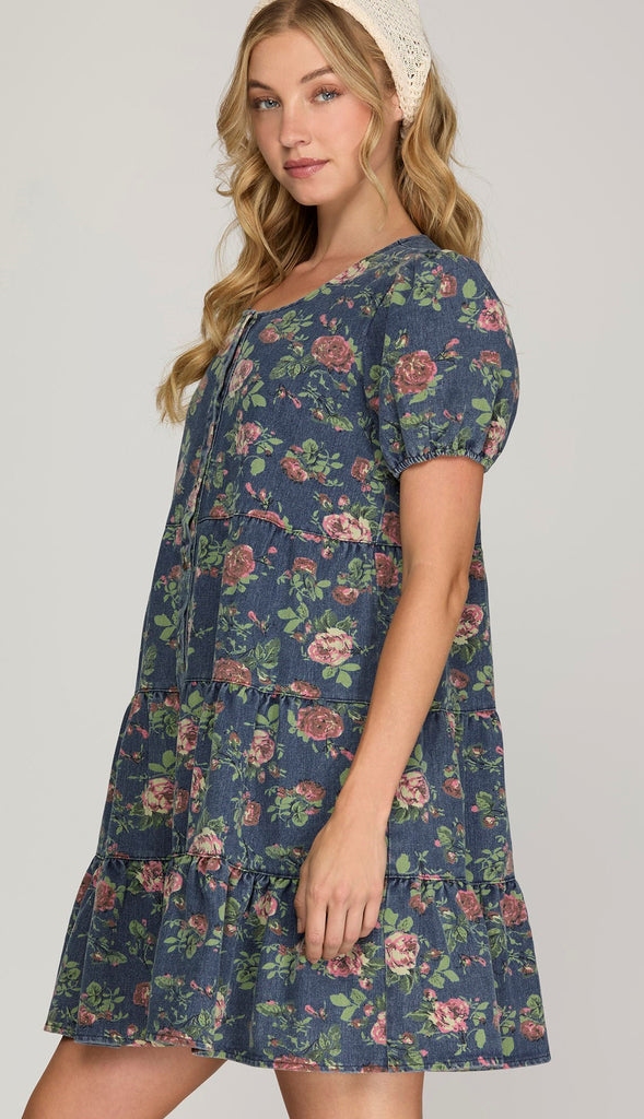 Floral Button Down Floral Denim Dress- Denim Blue