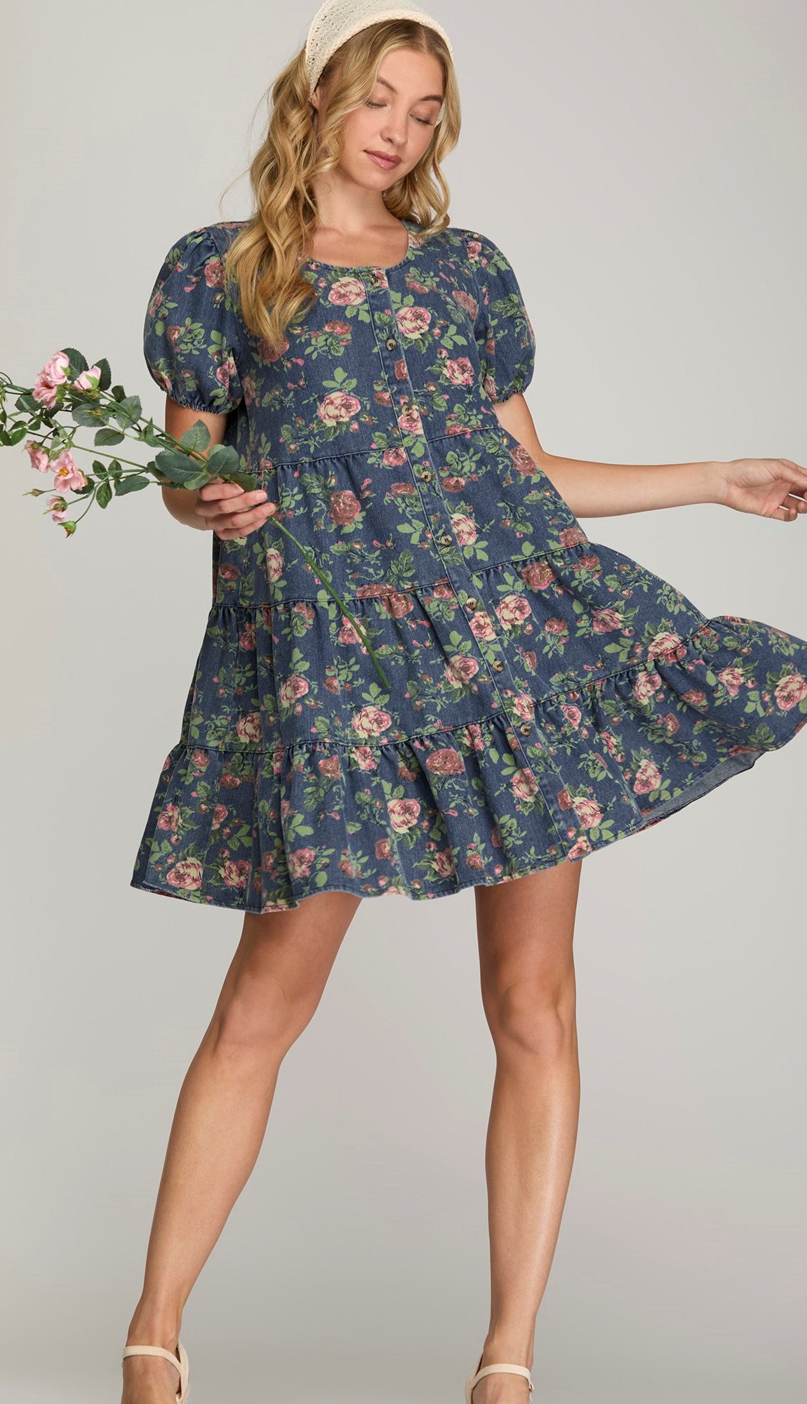 Floral Button Down Floral Denim Dress- Denim Blue Floral Button Down Floral Denim Dress- Denim Blue