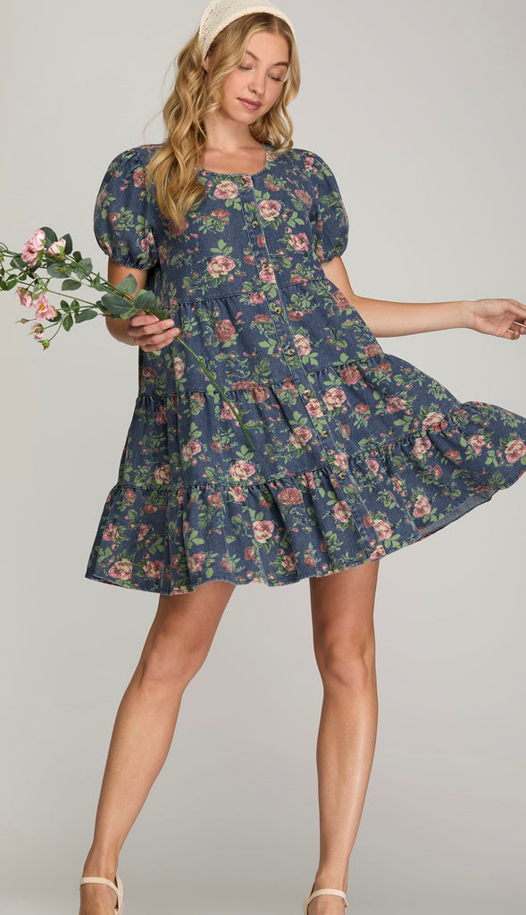 Floral Button Down Floral Denim Dress- Denim Blue