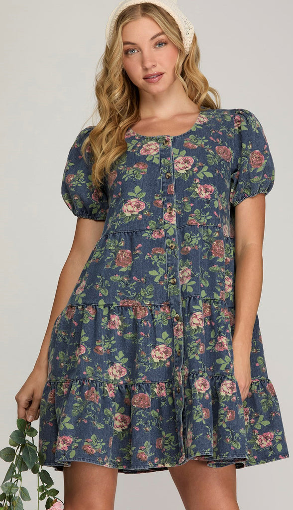 Floral Button Down Floral Denim Dress- Denim Blue