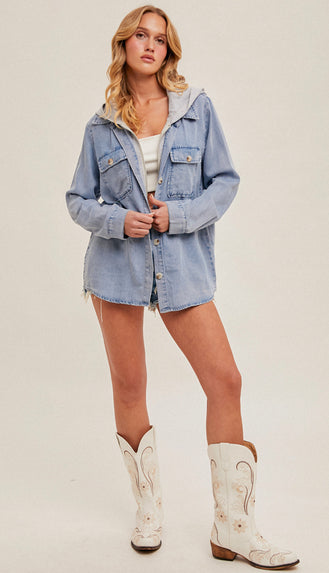 Brecken Hooded Button Down Denim Shacket- Blue