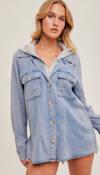 Brecken Hooded Button Down Denim Shacket- Blue