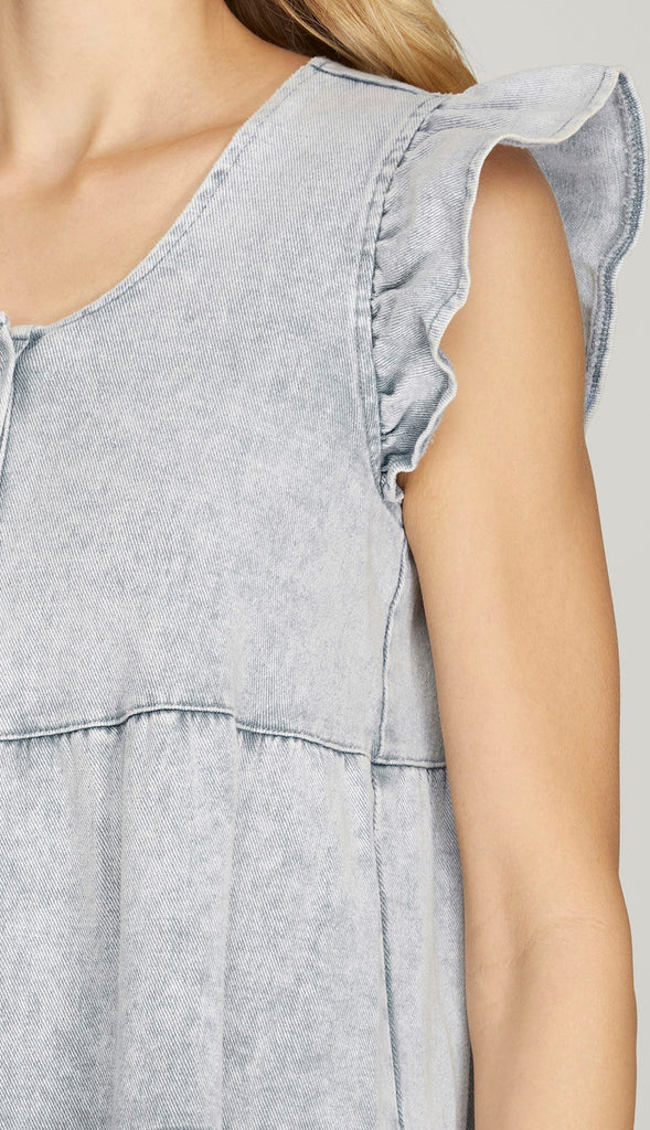 Lambert Ruffle Sleeve Button Dress- Denim