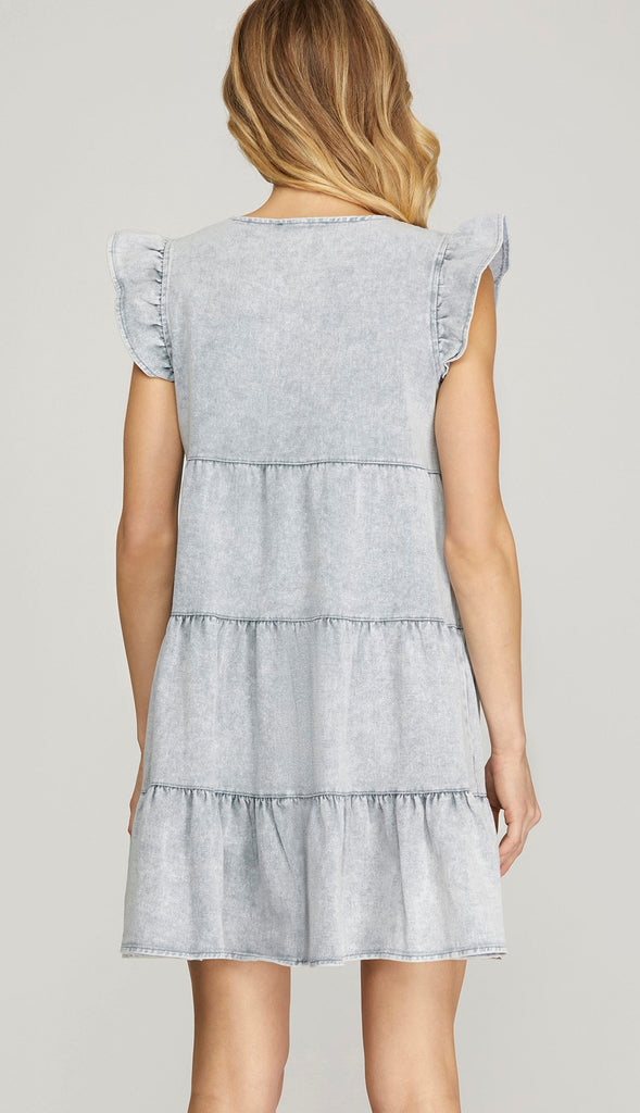 Lambert Ruffle Sleeve Button Dress- Denim