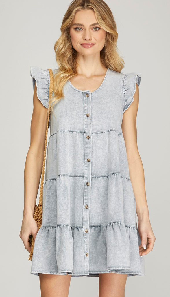 Lambert Ruffle Sleeve Button Dress- Denim