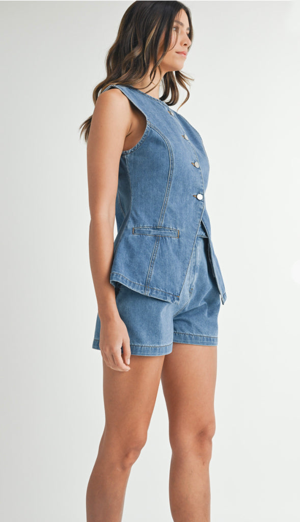 Denim Tailored Longline Vest and Shorts Set- Medium Denim