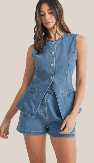 Denim Tailored Longline Vest and Shorts Set- Medium Denim