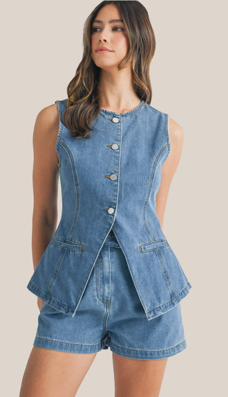 Denim Tailored Longline Vest and Shorts Set- Medium Denim