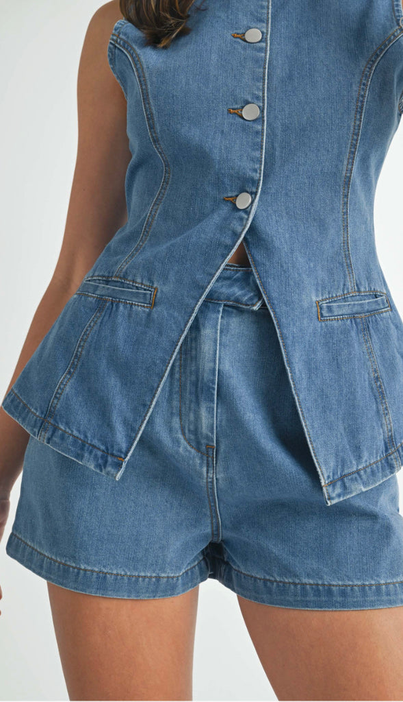 Denim Tailored Longline Vest and Shorts Set- Medium Denim
