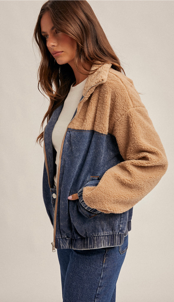 Teddy With Denim Zip Up Jacket- Dk. Denim