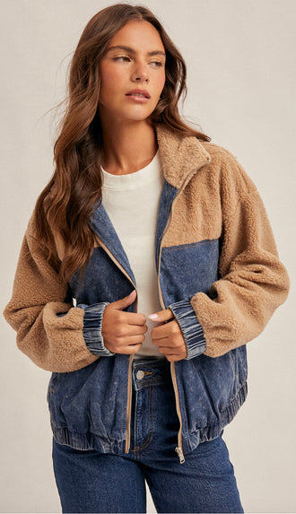 Teddy With Denim Zip Up Jacket- Dk. Denim